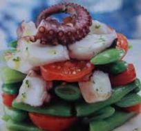 ensalada de pulpo, judias y tomates cherry